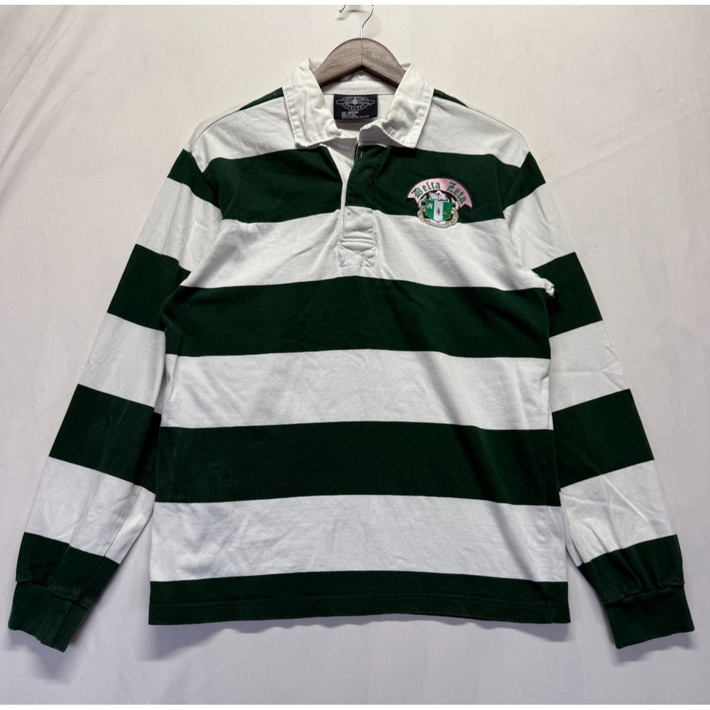 Charles River Apparel Rugby Shirt Men Medium White Green Striped Delta Zeta